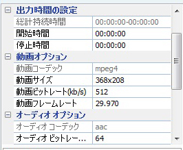 出力時間、動画オプションとオーディオ　オプションの設定