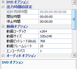 出力時間、動画オプションとオーディオ　オプションの設定